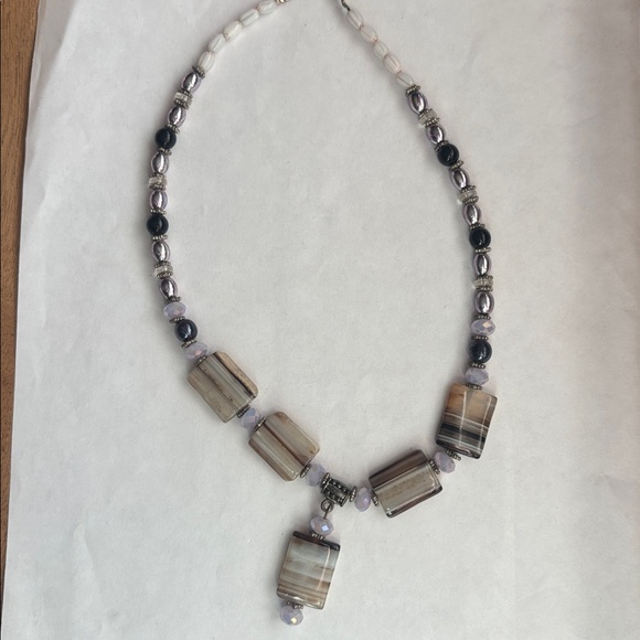 Elegant Beaded Necklace with Striped  Agate Accents beads and pendant - Picture 3 of 5